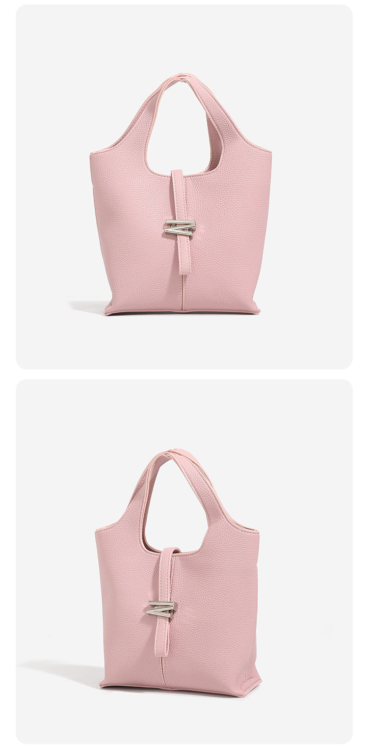 Mini pebbled leather-look bucket tote with silver toggle clasp and dual top handles, detail view 12