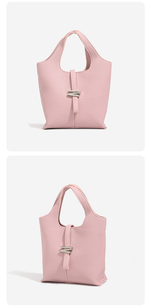 Mini pebbled leather-look bucket tote with silver toggle clasp and dual top handles, detail view 12