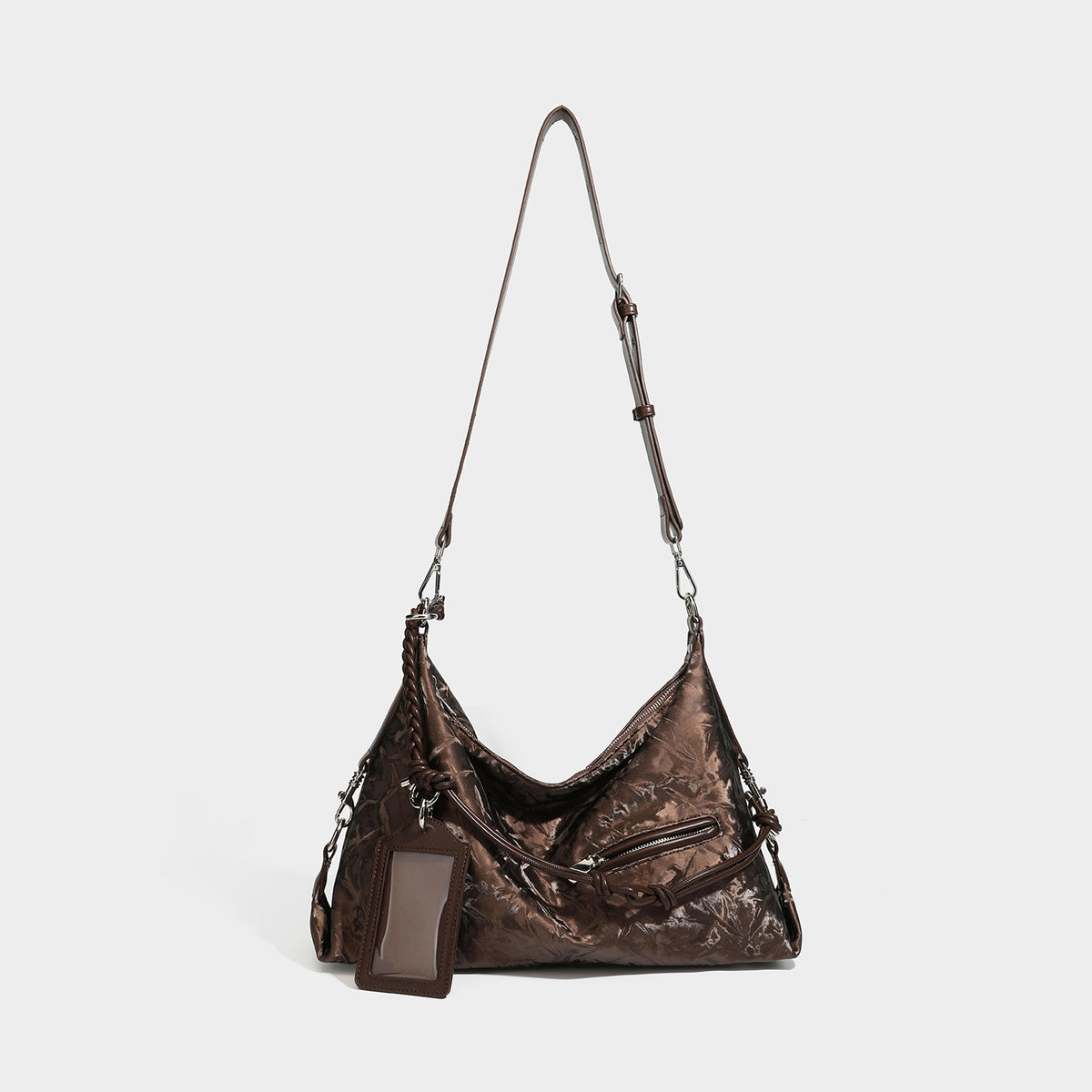 Slouchy hobo shoulder bag in crinkled metallic brown leather-look finish with braided rope knots, silver-tone hardware