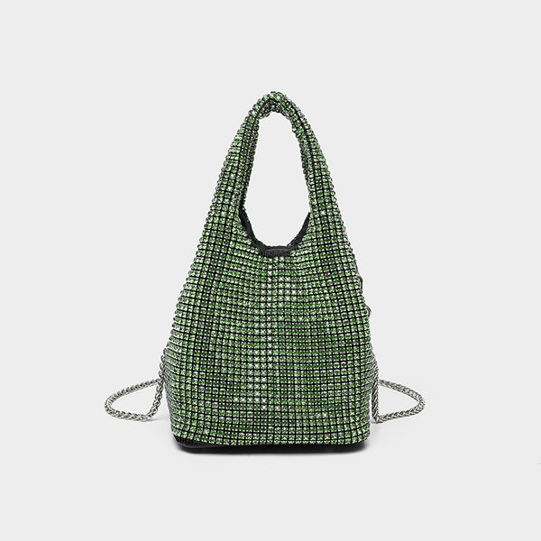 Small all-over rhinestone crystal bucket bag with twin handles and detachable chain shoulder strap, detail view 9