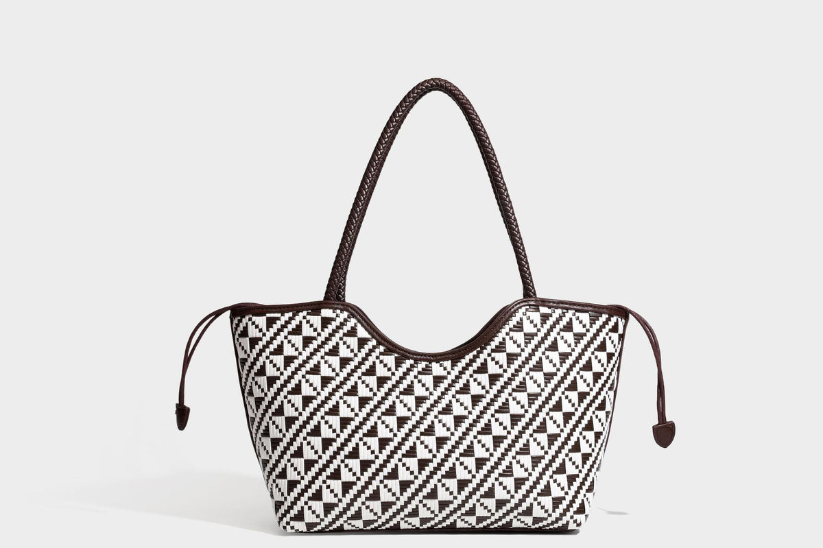 Woven geometric two-tone tote bag with braided shoulder straps and leather-look trim, detail view 41