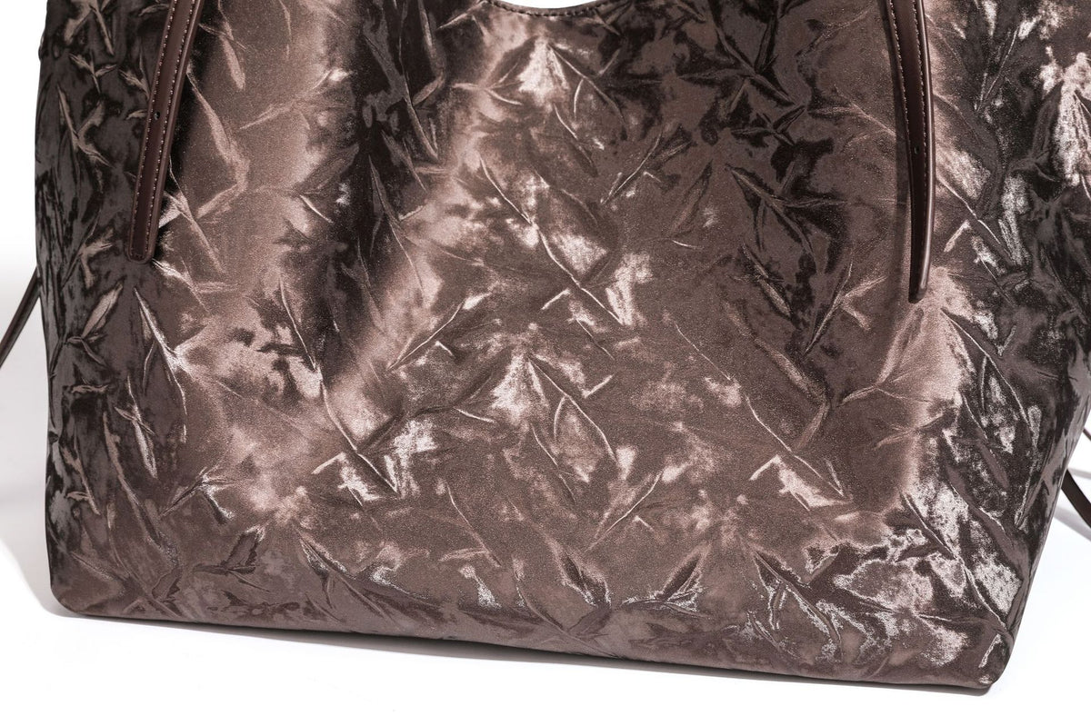 Slouchy crinkle-finish shoulder tote bag with silver hardware and attached zip pouch, detail view 30