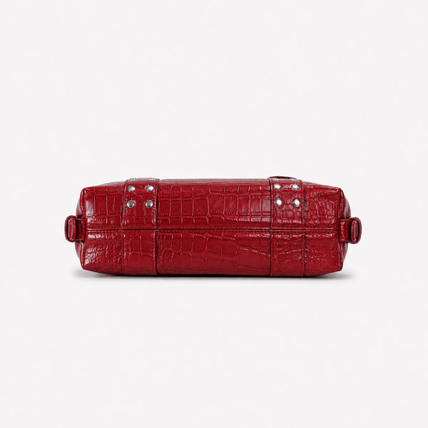 Croc-embossed leather-look barrel satchel bag with silver ring buckle hardware and stud panel trim, detail view 4