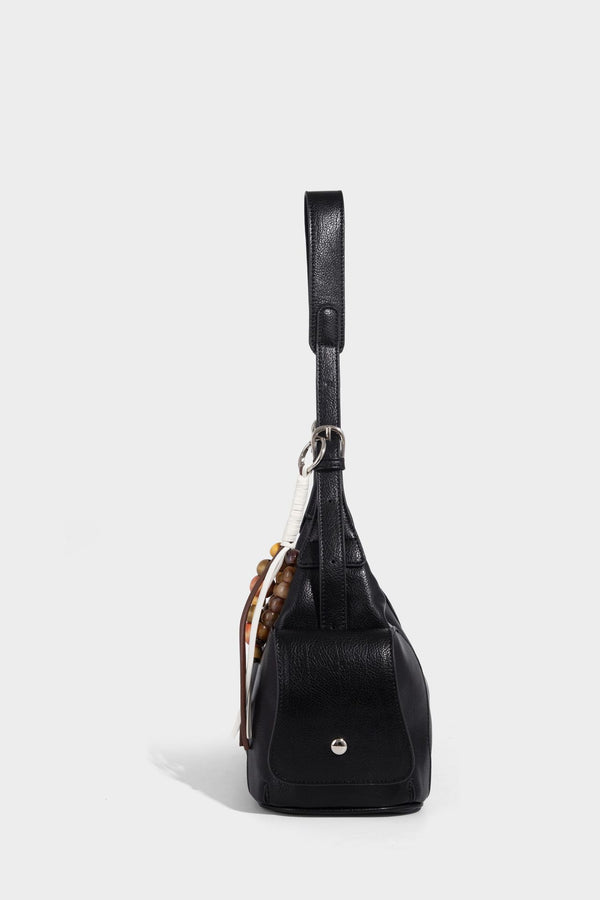 Soft pebbled leather-look hobo shoulder bag with zip top closure, side flap pockets, and silver-tone hardware, detail view 18