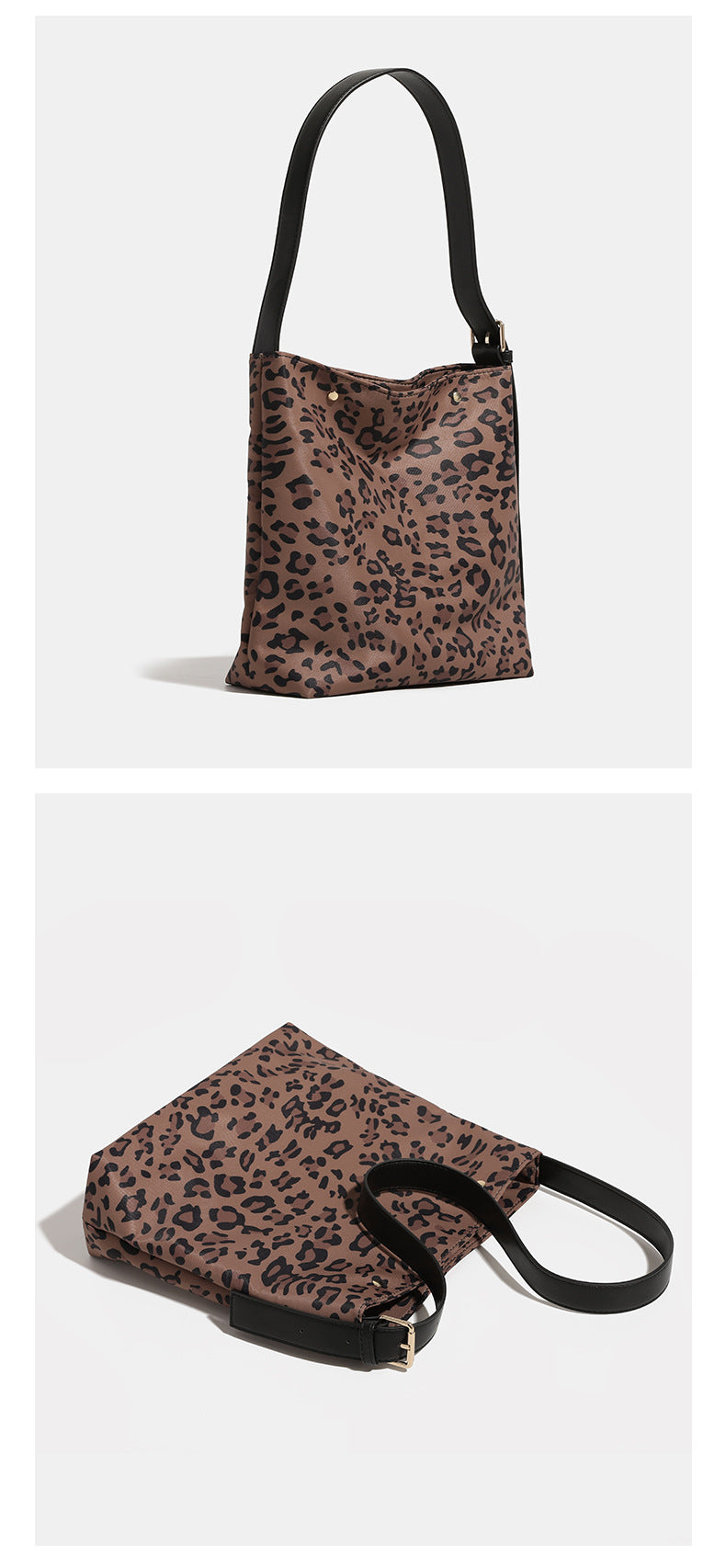 Brown and black leopard print canvas bucket bag with adjustable black leather-look shoulder strap and gold-tone hardware