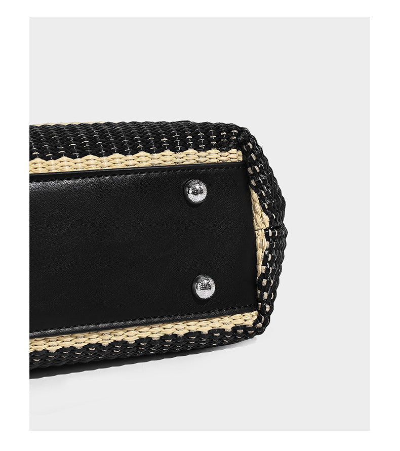 Black and natural striped woven tote bag with chain shoulder strap and silver-tone turn-lock hardware, detail view 11