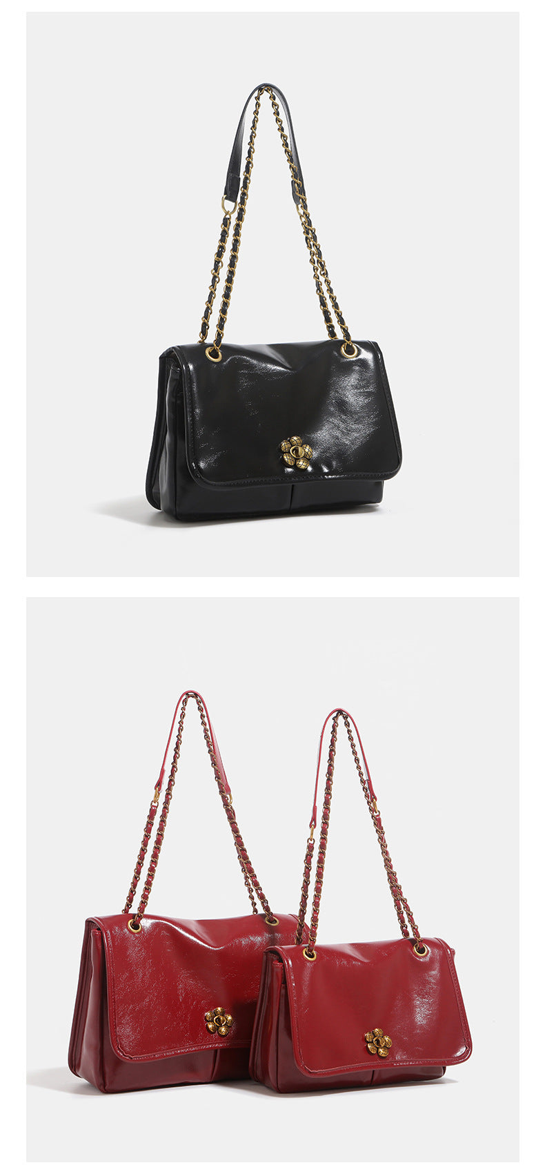 Structured glossy flap shoulder bag with antique gold floral turn-lock clasp and chain-and-leather strap, detail view 11