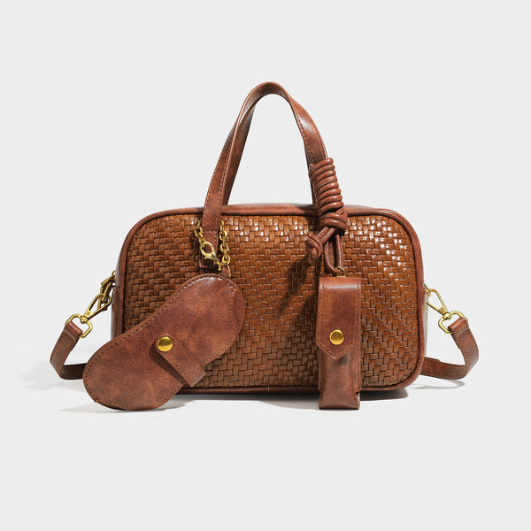 Strukturierte, rechteckige Satchel-Bag mit geflochtenem Frontpanel in Lederoptik, goldfarbenen Beschlägen, zwei Tragegriffen und abnehmbarem