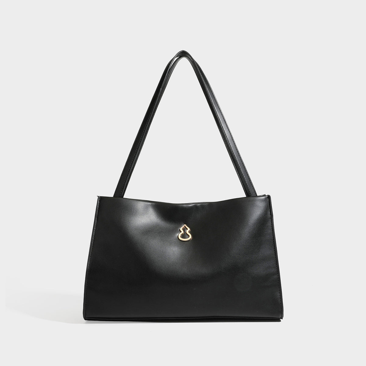Structured rectangular shoulder tote bag with smooth leather-look finish, long double straps, and gold-tone gourd emblem on