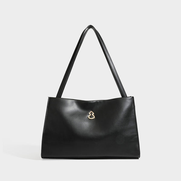 Structured rectangular shoulder tote bag with smooth leather-look finish, long double straps, and gold-tone gourd emblem on