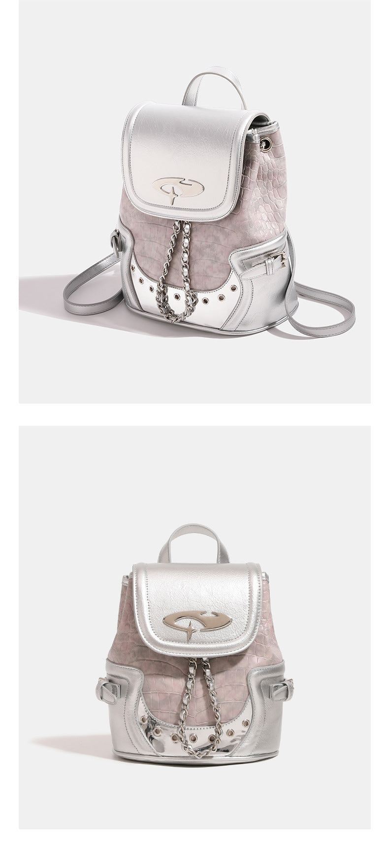 Croc-embossed mini backpack with silver metallic leather-look trim, decorative chain, and metal logo clasp, detail view 11