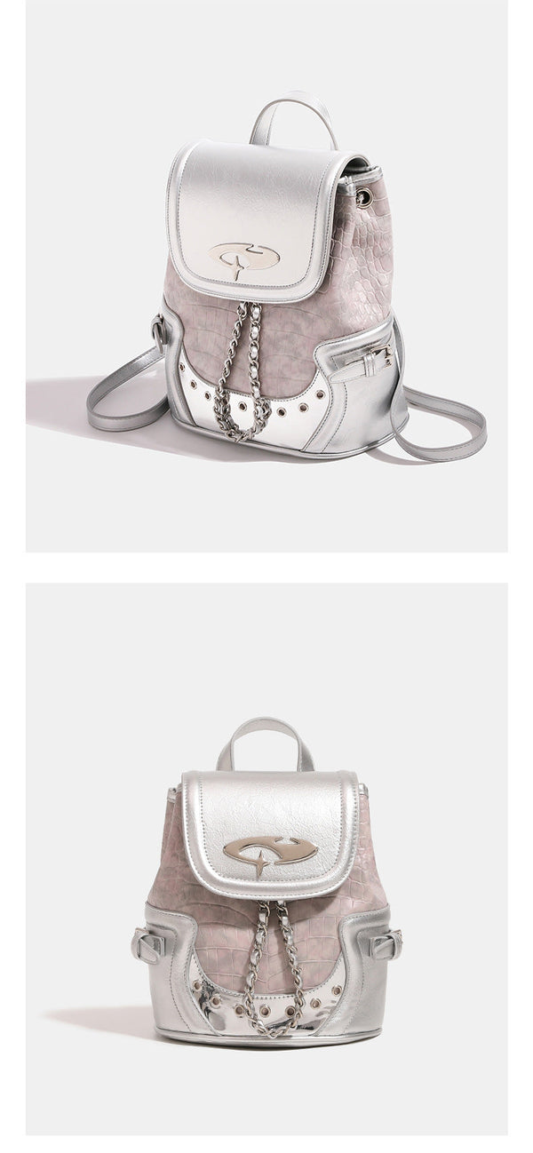 Croc-embossed mini backpack with silver metallic leather-look trim, decorative chain, and metal logo clasp, detail view 11