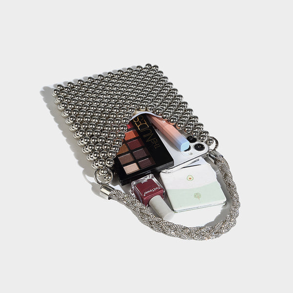 Small silver metallic beaded mini bag with braided rhinestone top handle and detachable chain crossbody strap, detail view 4