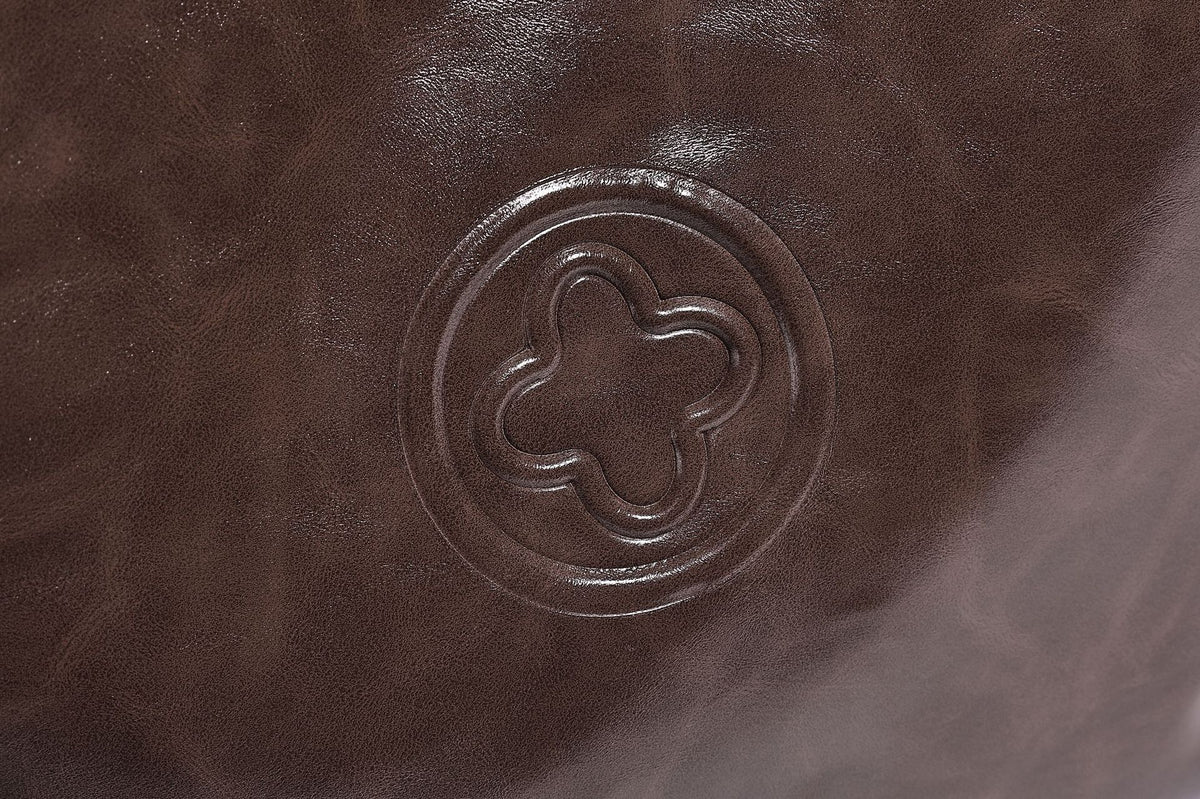 Glossy oil-wax leather-look open-top tote shoulder bag with embossed circular logo and long double straps, detail view 29