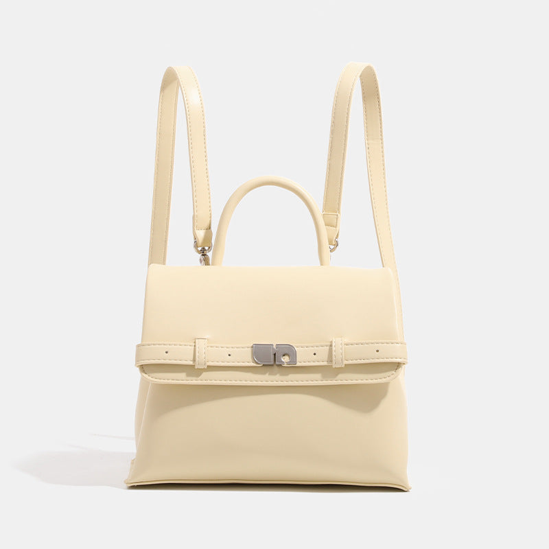 Structured matte leather-look convertible flap handbag with silver-tone turn-lock clasp and top handle, detail view 6