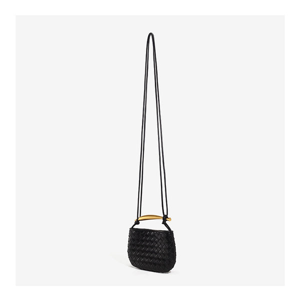 Mini-Crossbody-Etui mit gewebter Rautenstruktur, geschwungenem Bügelgriff in Goldoptik und schmalem Kordelriemen, Detailansicht 23