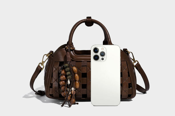 Small structured woven lattice top-handle satchel bag with bead-and-tassel charm and gold-tone hardware, detail view 14