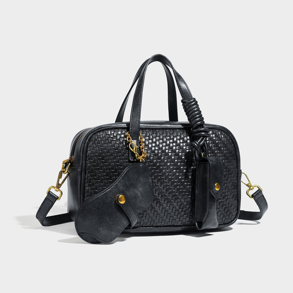 Strukturierte, rechteckige Satchel-Bag mit geflochtenem Frontpanel in Lederoptik, goldfarbenen Beschlägen, zwei Tragegriffen und abnehmbarem