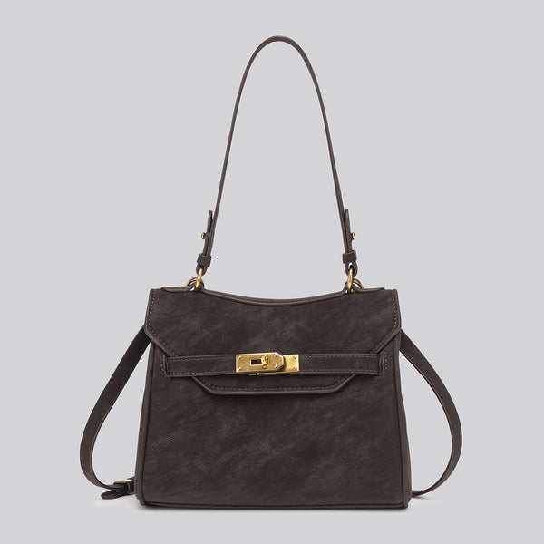 Structured dark brown flap satchel with gold-tone turn-lock hardware and detachable shoulder strap, detail view 6