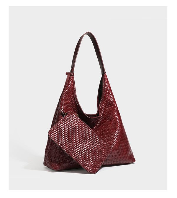 Slouchy woven leather-look hobo tote bag in brown with detachable zip pouch and gold-tone hardware, detail view 21