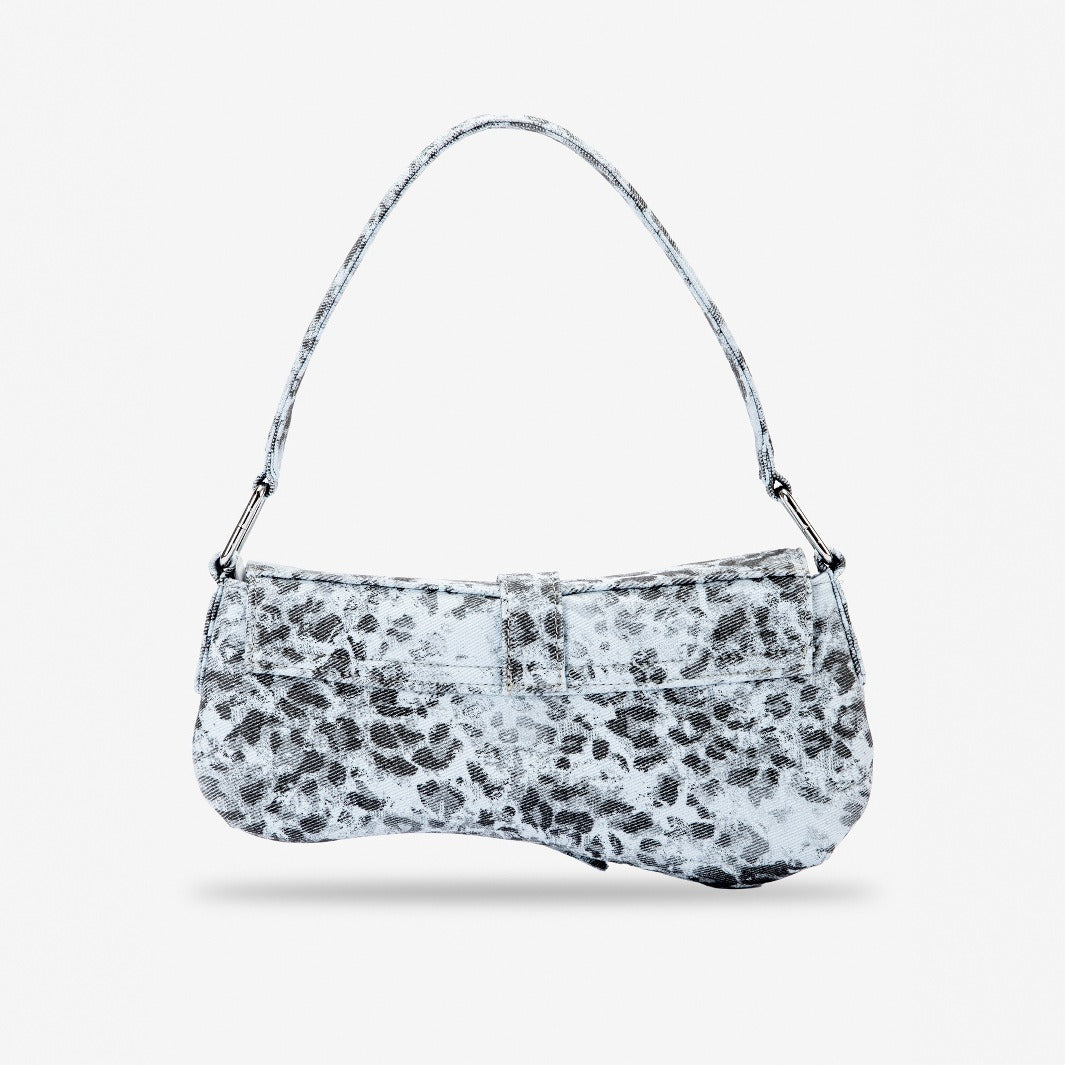 Small washed leopard print shoulder bag in blue-grey with silver buckle strap and stud accents, detail view 3