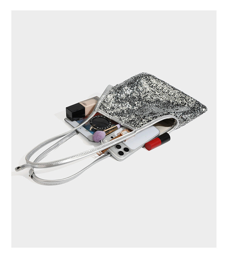 Kleine Schulter-Tote-Bag mit Pailletten, langem Metallic-Riemen und trapezförmiger Silhouette, Detailansicht 17