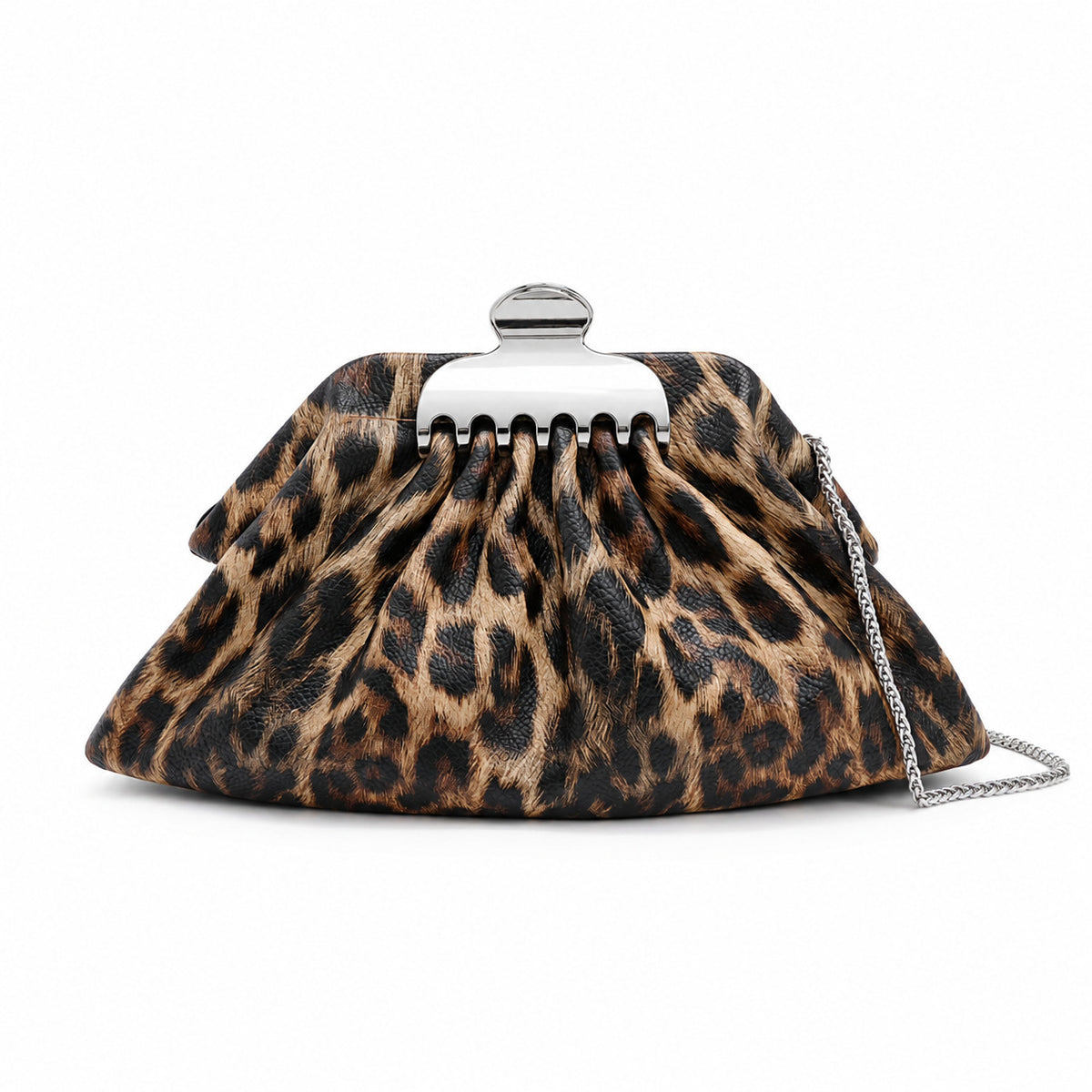 Gathered pouch clutch bag in metallic silver with polished silver-tone frame clasp and fine chain strap, detail view 6