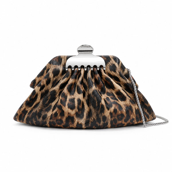Gathered pouch clutch bag in metallic silver with polished silver-tone frame clasp and fine chain strap, detail view 6