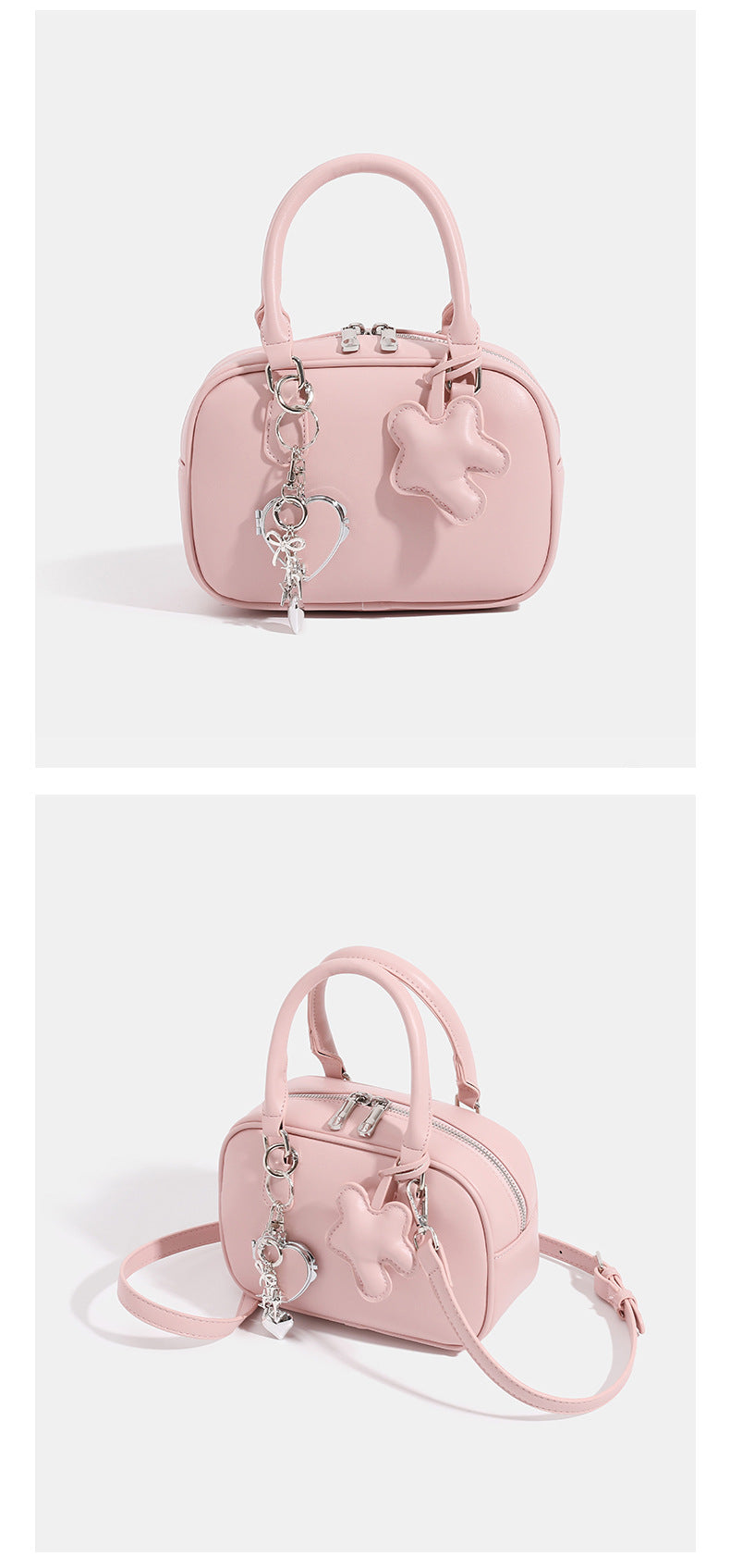 Small structured rounded-rectangle mini handbag with glossy leather-look finish, top zip closure, silver-tone hardware, and