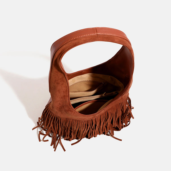 Cognac brown suede-look hobo shoulder bag with layered fringe trim and single loop strap, detail view 4