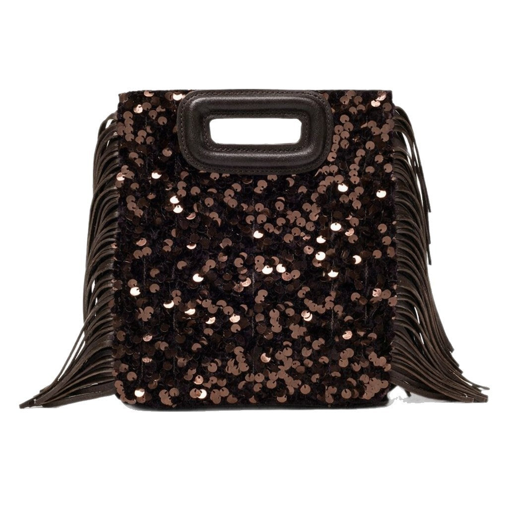 Small structured dark brown sequin handbag with leather-look fringe side trim and top cutout handle, detail view 6