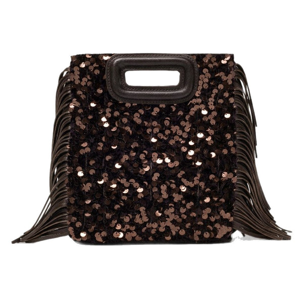 Small structured dark brown sequin handbag with leather-look fringe side trim and top cutout handle, detail view 6