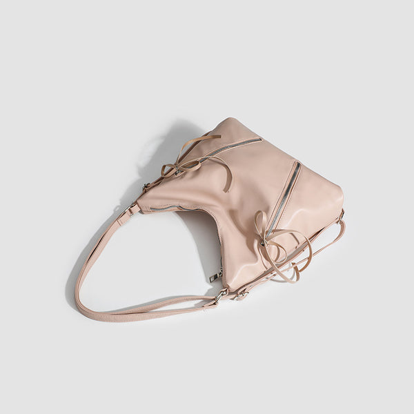 Slouchy hobo shoulder bag with bow detail and silver-tone hardware, detail view 4