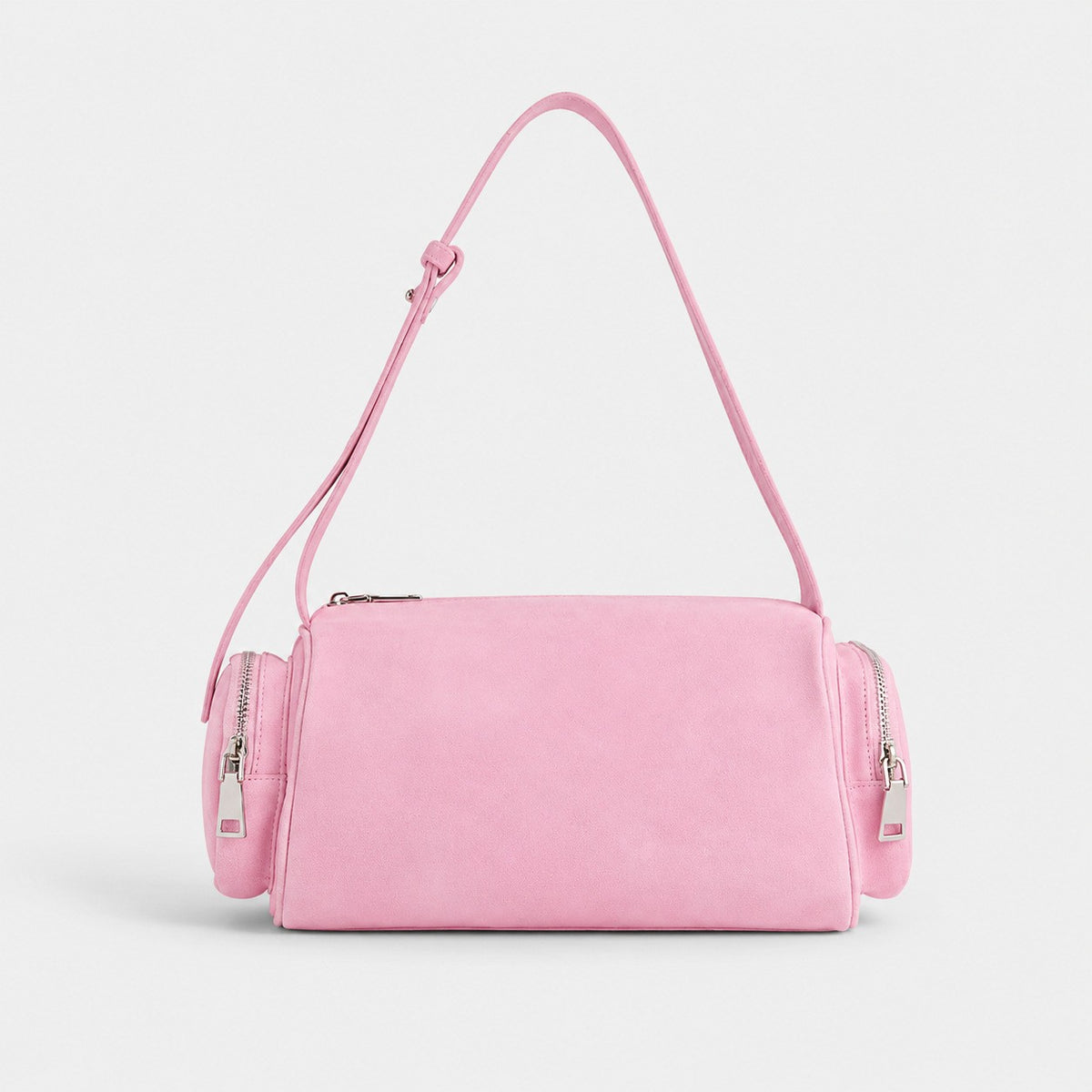Mini barrel shoulder bag with side zip pouches and adjustable strap in pink suede-like finish, detail view 8