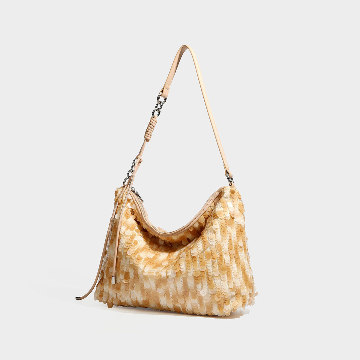 Slouchy paillette sequin hobo shoulder bag with zip closure and adjustable leather-look strap with silver chain hardware