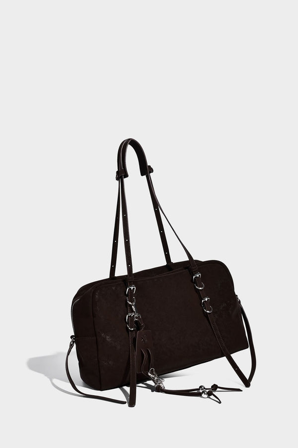 Structured rectangular matte suede-like shoulder bag with silver-tone hardware, zip closure, double top handles, and, detail