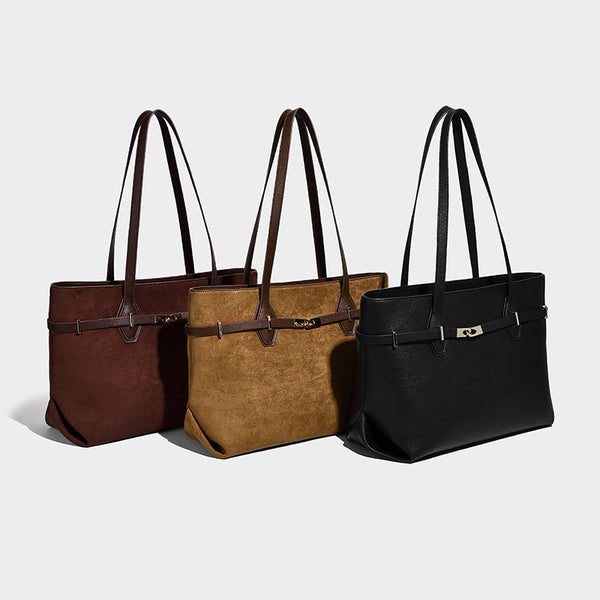 Structured suede-look shopper tote with wraparound belt strap and gold turn-lock clasp, long dark brown shoulder handles