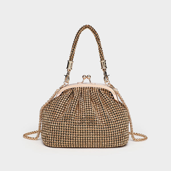 Kompakte Abendtasche mit rundum applizierten Strasssteinen, silberfarbenem Metallrahmen, Strass-Tragegriff und abnehmbarer Kette
