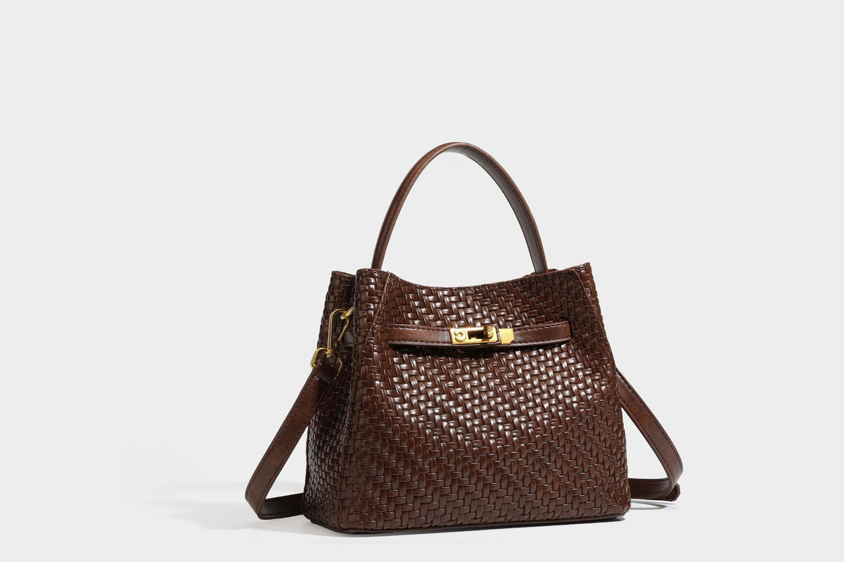 Structured woven leather-look bucket bag with gold-tone turn-lock hardware and detachable shoulder strap, detail view 31