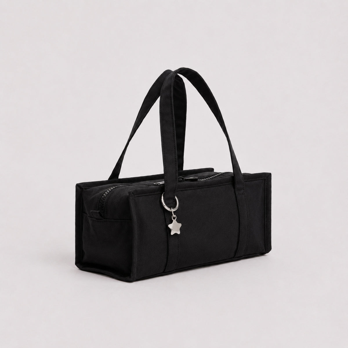 Structured rectangular retro plaid mini handbag with flower and star appliqués, silver star charm, and twin top handles