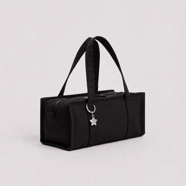 Structured rectangular retro plaid mini handbag with flower and star appliqués, silver star charm, and twin top handles