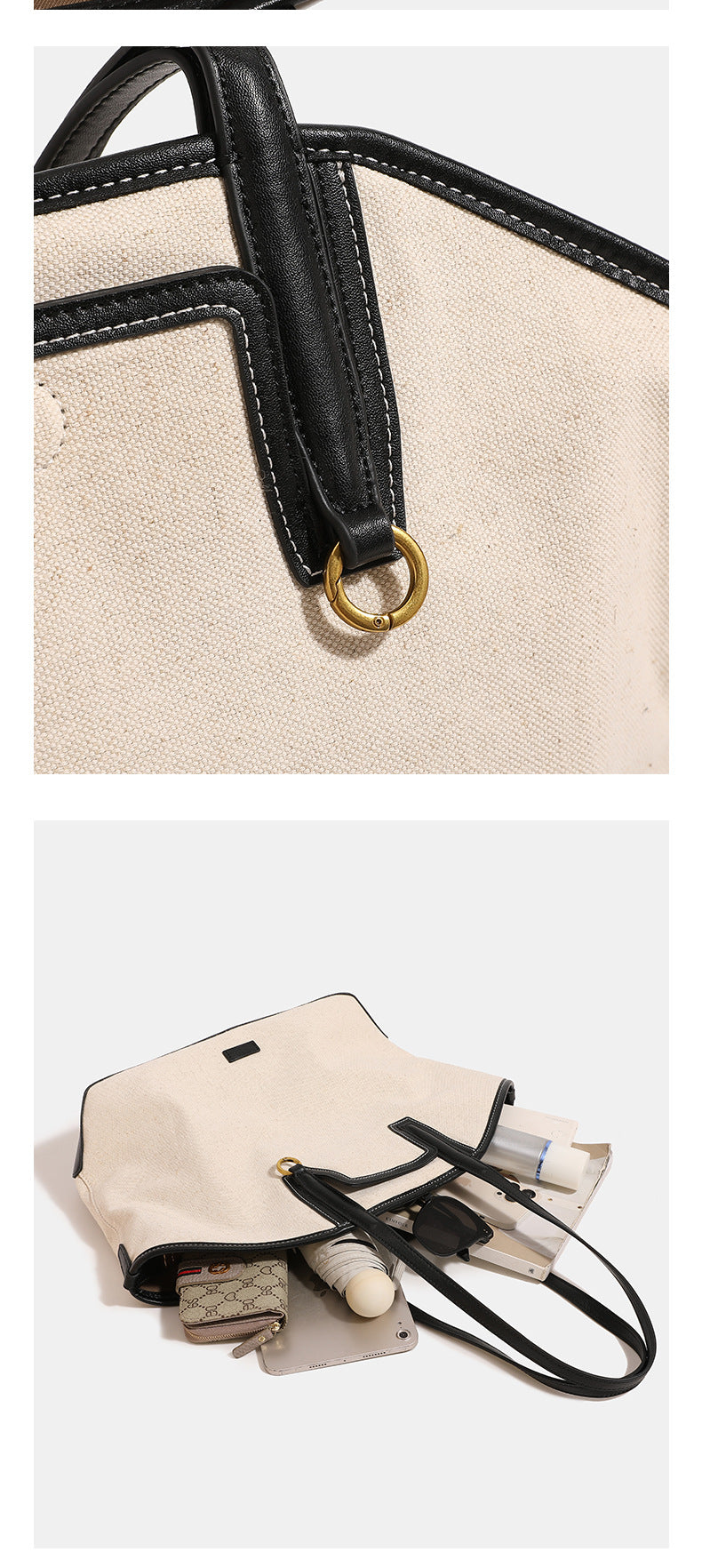 Cremefarbener Trapez-Shopper aus Canvas mit Besätzen in schwarzer Lederoptik, zwei Schulterriemen und goldfarbenen Ringbeschlägen, Detailansicht