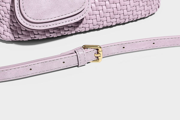 Woven texture tote bag with knotted top handles, attached front mini pouch, and gold-tone hardware, detail view 25