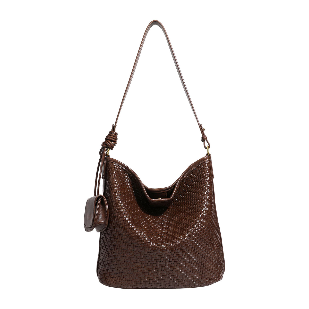 Woven-look slouchy hobo shoulder bag in brown with attached mini pouch and gold-tone hardware, detail view 5
