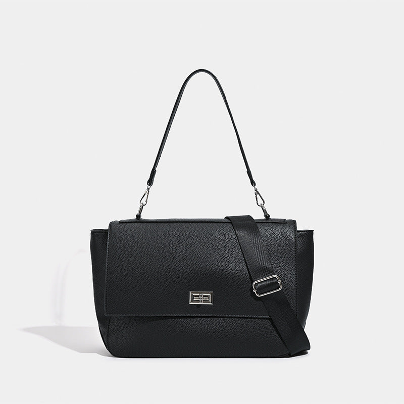 Large structured pebbled-finish flap shoulder bag with silver turn-lock closure and adjustable strap, detail view 6