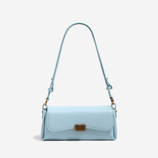 Structured rectangular baguette shoulder bag in pastel sky blue with smooth leather-look finish, ribbed gold-tone turn-lock