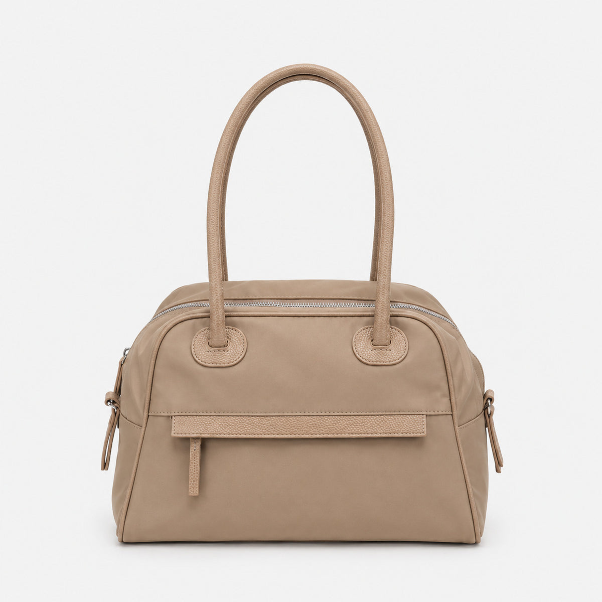 Structured dome top-handle bag in matte nylon with pebbled vegan leather-look trim, zip-top closure, front slip pocket, and