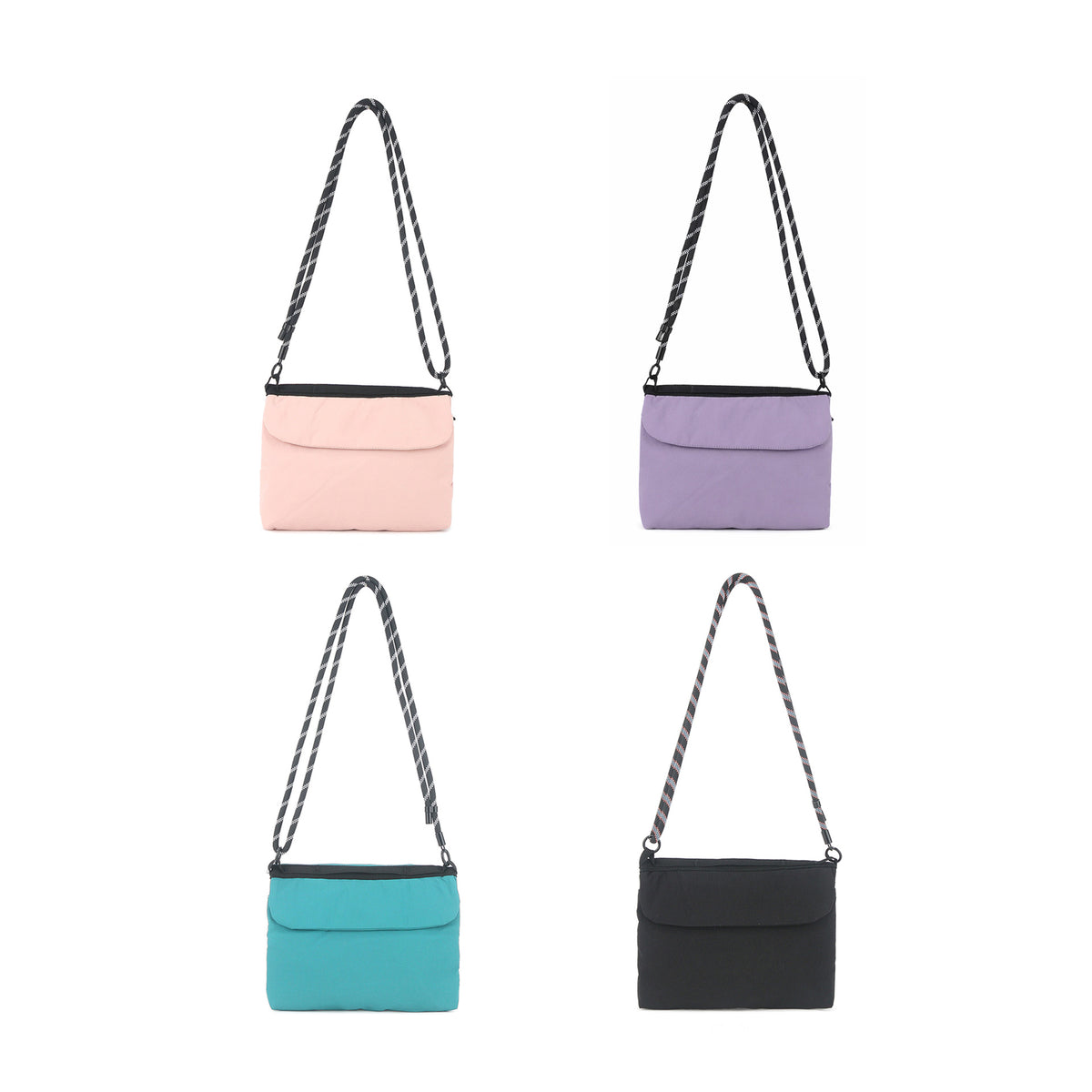Flat rectangular crossbody bag with mesh front pocket, top zip closure, and adjustable patterned strap, detail view 10