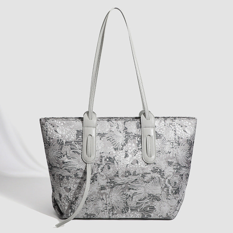Large structured floral jacquard tote bag with long leather-look shoulder strap, detail view 7