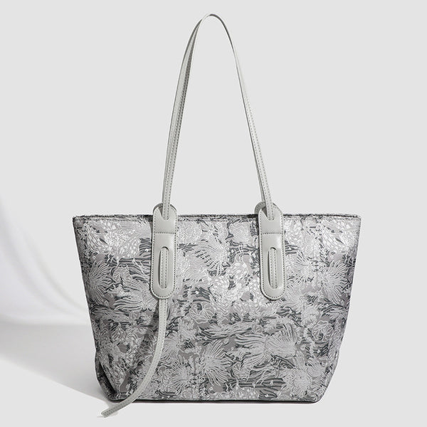 Large structured floral jacquard tote bag with long leather-look shoulder strap, detail view 7